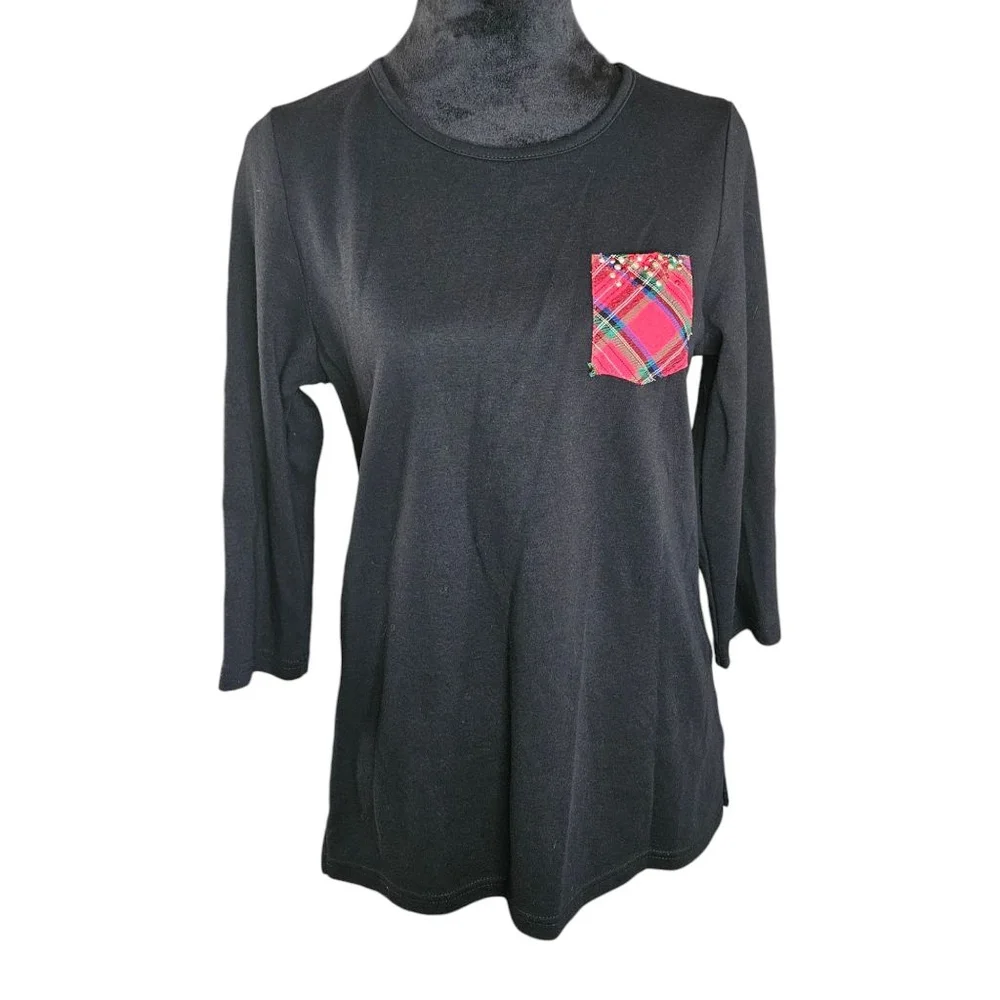 Quacker Factory XS Black with Red Tartan Plaid Pocket 3/4 Sleeve Tunic Shirt - Picture 2 of 8